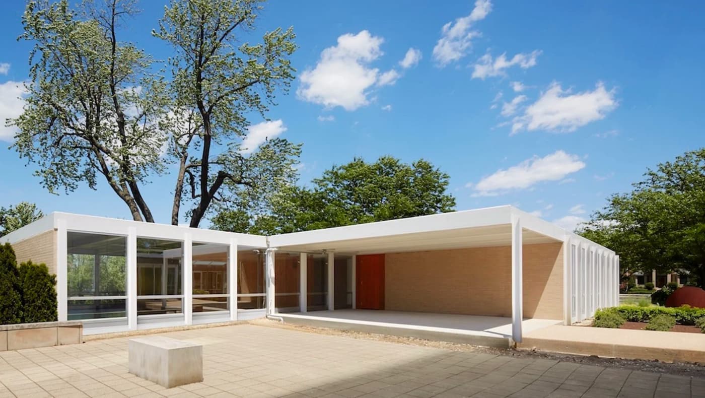 Exterior view of the Mies van der Rohe-designed McCormick House at the Elmhurst Art Museum, following a multi-phase restoration by Heritage Architecture Studio.