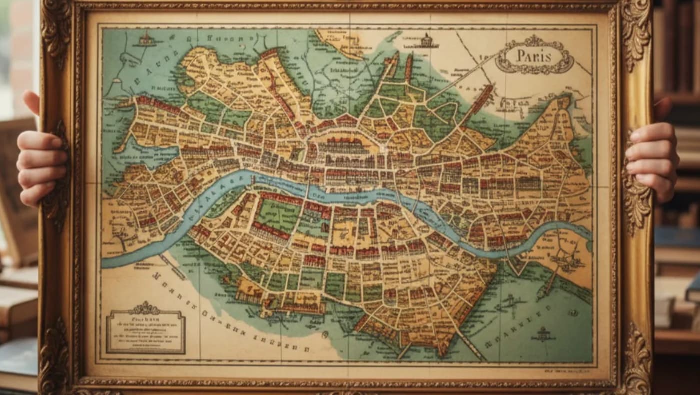 "A high-quality reproduction of a vintage map showcased in a custom frame at Ted's Vintage Art, featuring intricate historical cartography and aged parchment textures.