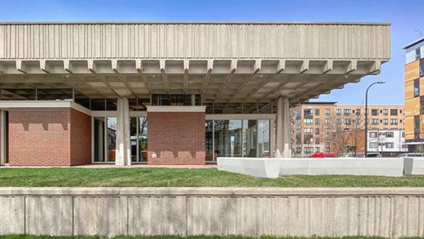 Exterior of the Arvonne Fraser Library in Minneapolis, a Brutalist landmark designed by Ralph Rapson.
