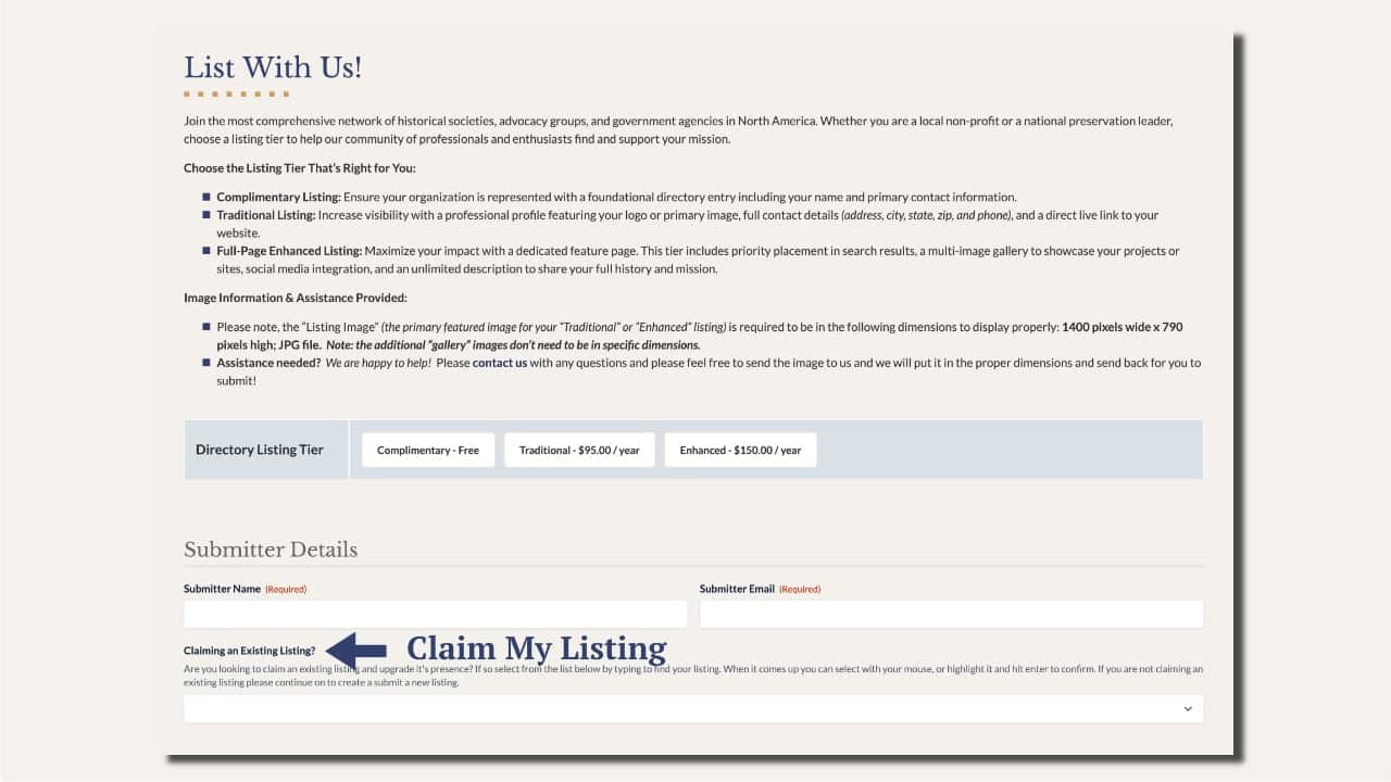 Instructions on how to "Claim Your Listing" from the database of historic preservation organizations, museums, government agencies, and foundations on PreservationDirectory.com