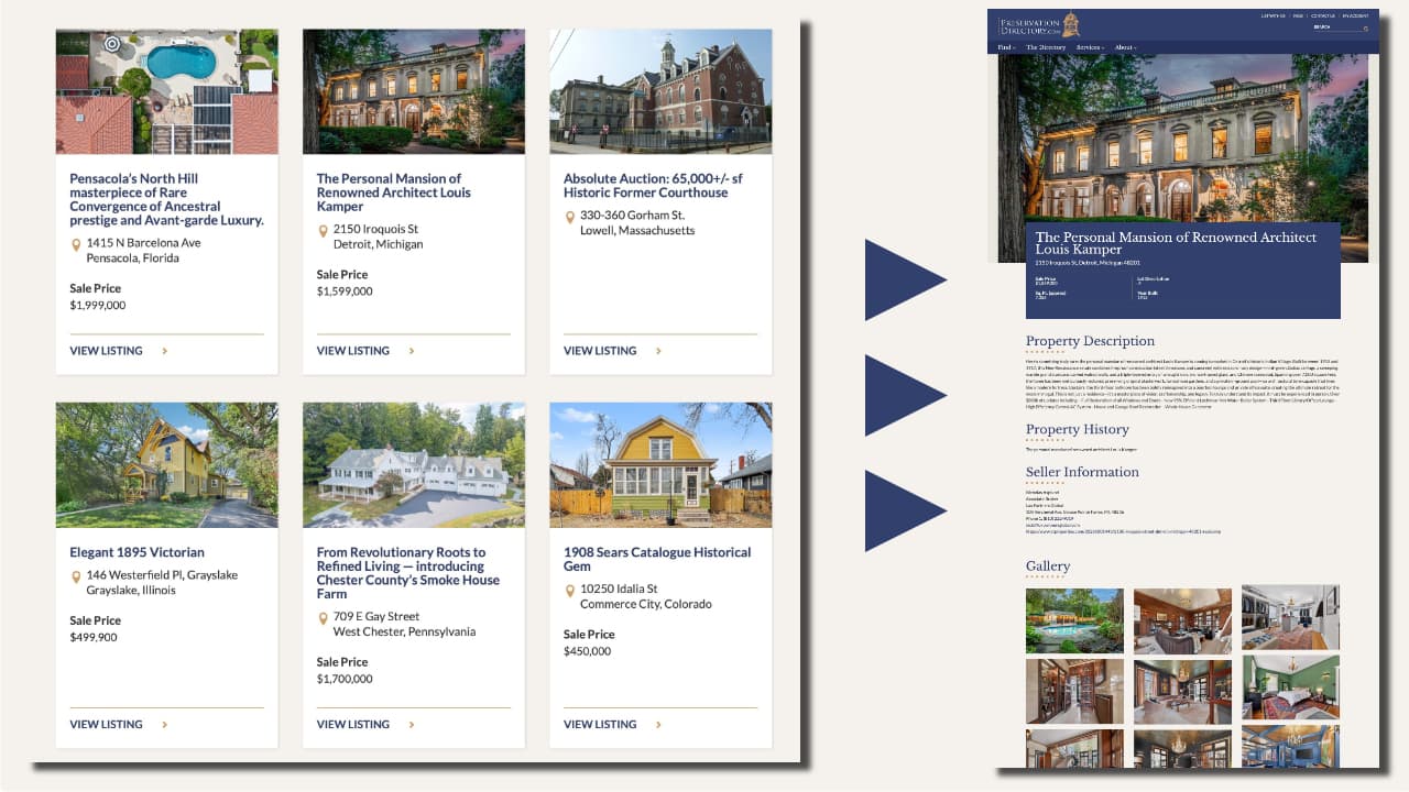 Example of the full-page property listing profile in the Historic Real Estate for Sale directory on PreservationDirectory.com