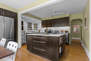 1938 Tudor Revival at 419 Lodges Lane, Elkins Park, Pennsylvania: remodeled kitchen with central island
