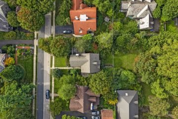 1938 Tudor Revival at 419 Lodges Lane, Elkins Park, Pennsylvania: aerial view of the house and lot